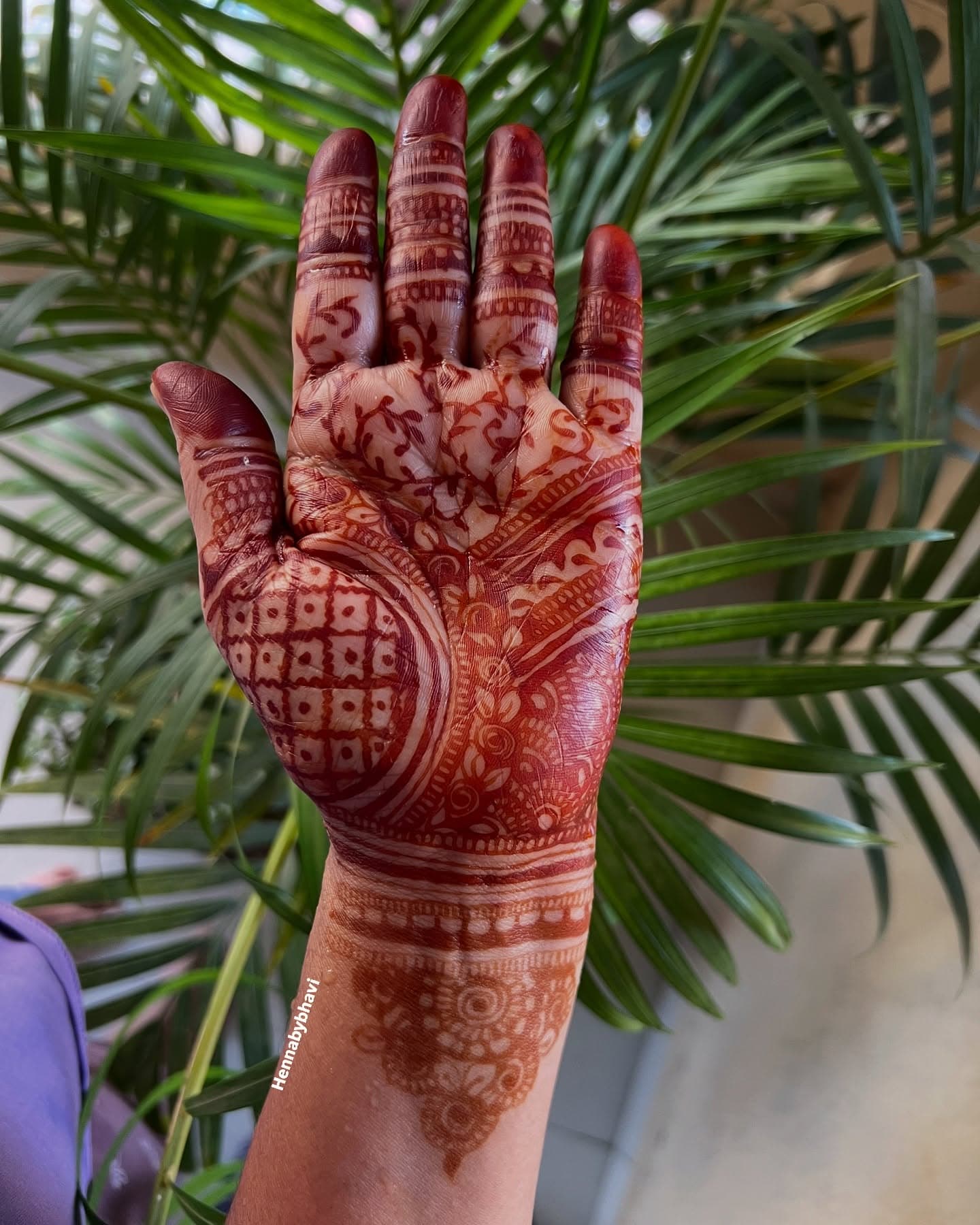 A palm with a freshly deepened red henna stain, held up among garden leaves