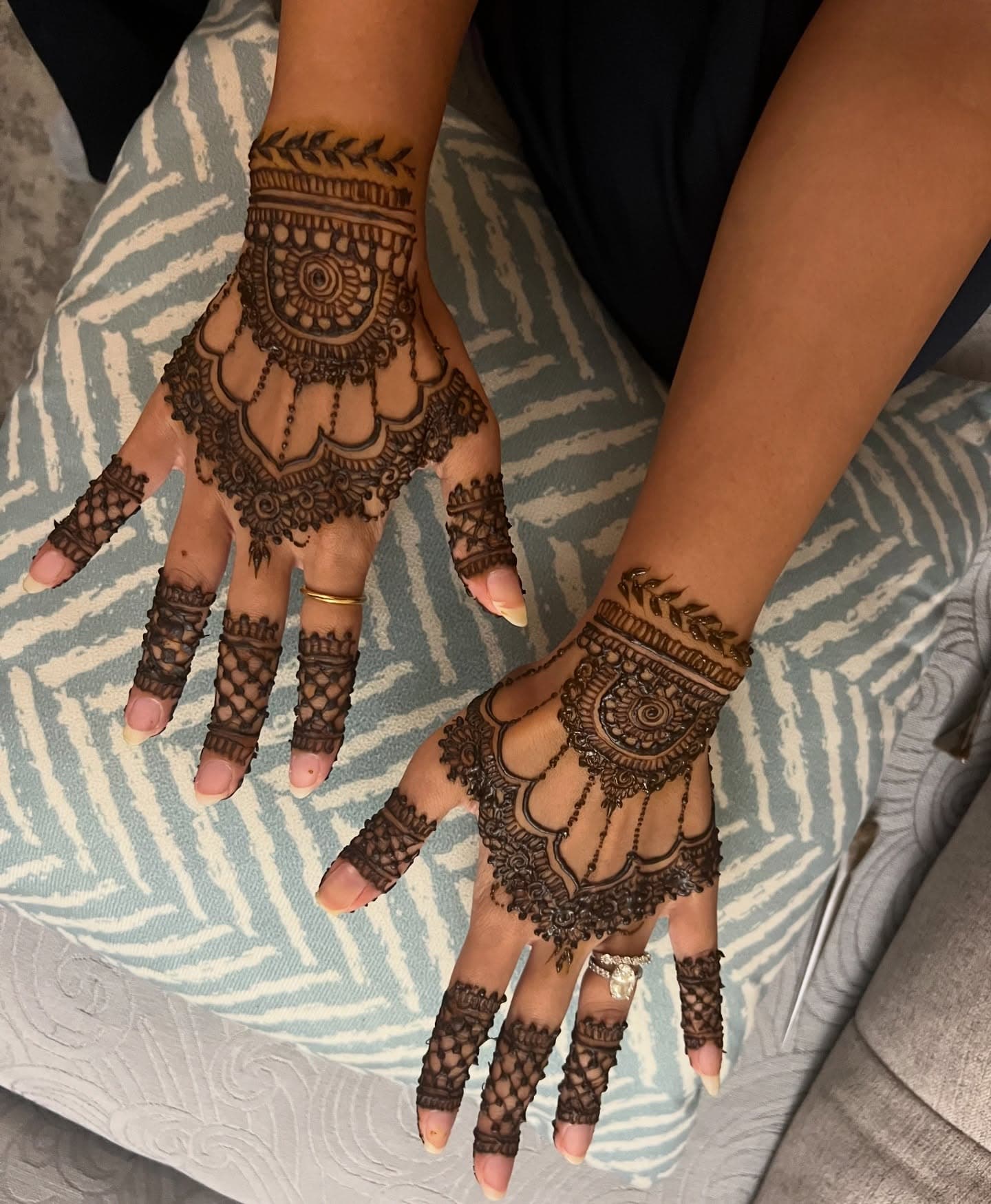 Two palms with matching scalloped floral henna designs